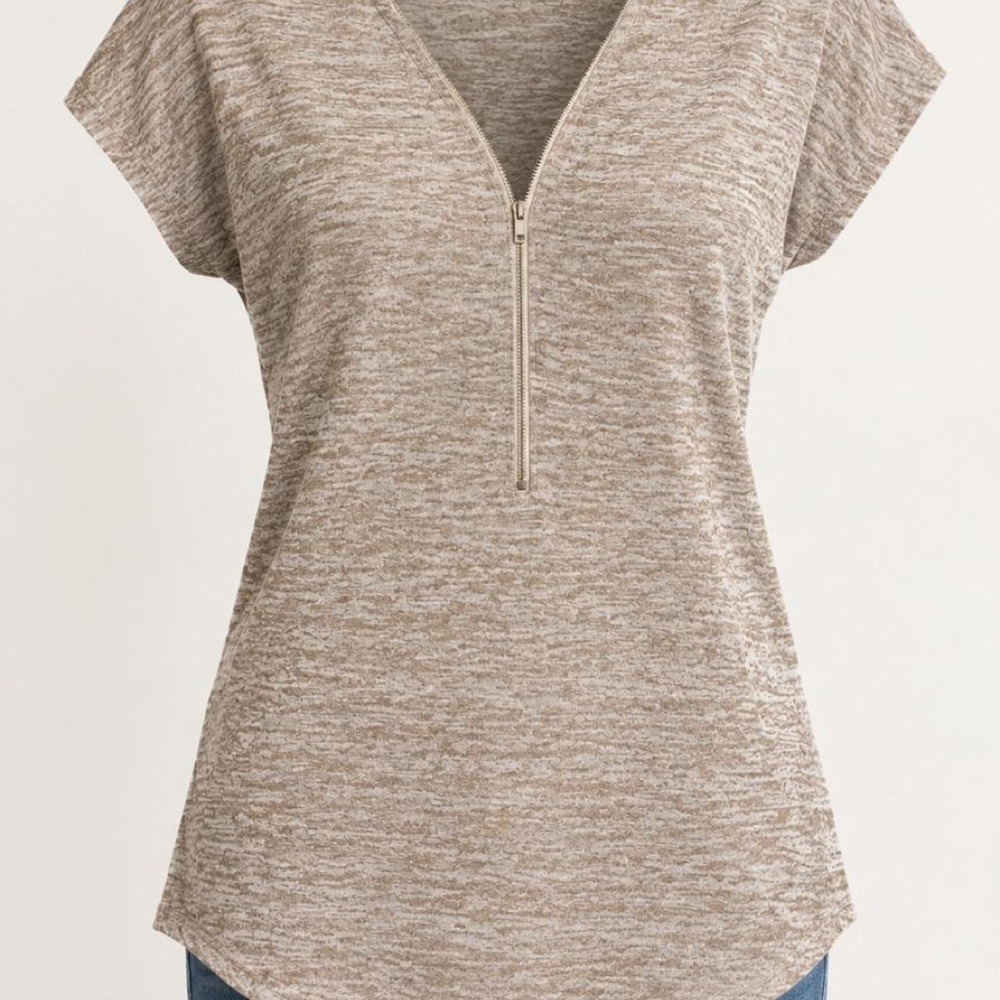SMX Beige/Gray Knit Solid V-Neck Zip Front Short Sleeve Top Womens S (0076)
